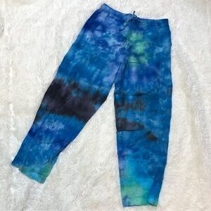Orvis 💙 Linen Tie Dye Blue & Green Drawstring Artsy Pants, Cotton Lining, Sz. M